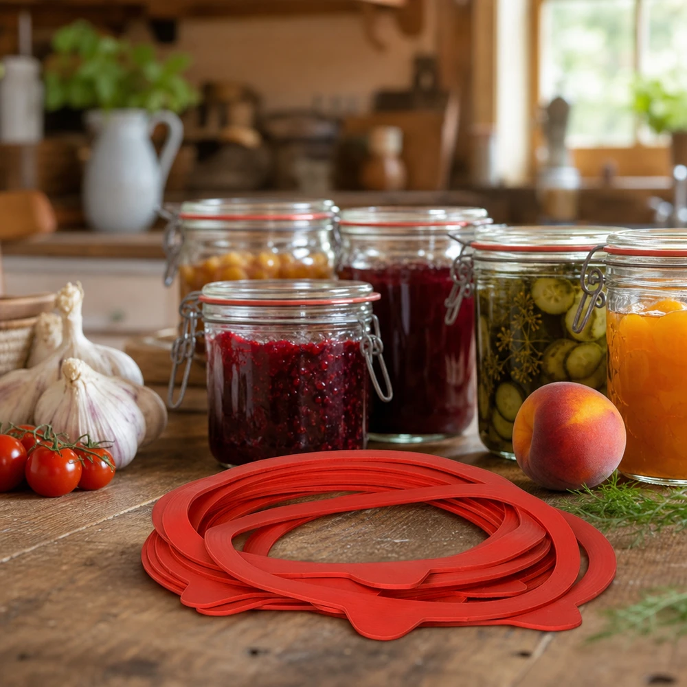 Inlegring van natuurrubber RR120 Inmaakring RR120 van natuurlijk rubber in een rustieke keuken met inmaakpotten en verse ingrediënten om in te maken