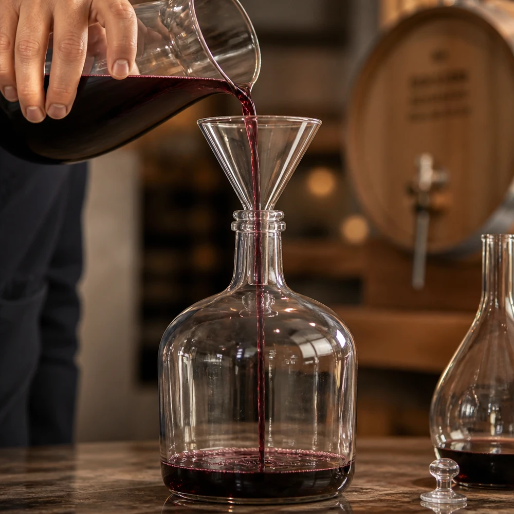 Glazen trechter Ø 60mm - kalk-soda-glas - 60° hoek Transparante trechter van soda lime glas met compact kort handvat voor eenvoudig hanteren bij het decanteren