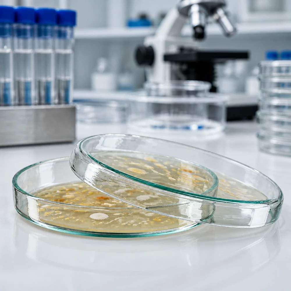 Glazen petrischalen van 90 x 15 mm voor microbiologie, naast een microscoop en reageerbuisjes