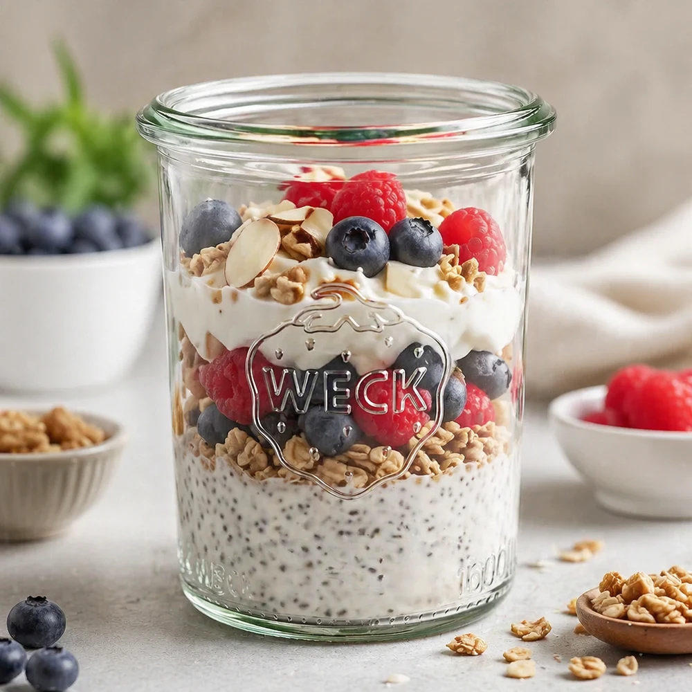 WECK 160ml RR60 mason jar gevuld met chia pudding bessen en noten als een gezond ontbijt idee