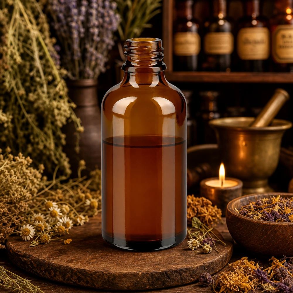 Bruine glazen fles 50ml 50ml bruine ApoGlas apothekersfles met kruidentinctuur in rustieke kruidenapotheek met vijzel en geneeskrachtige planten
