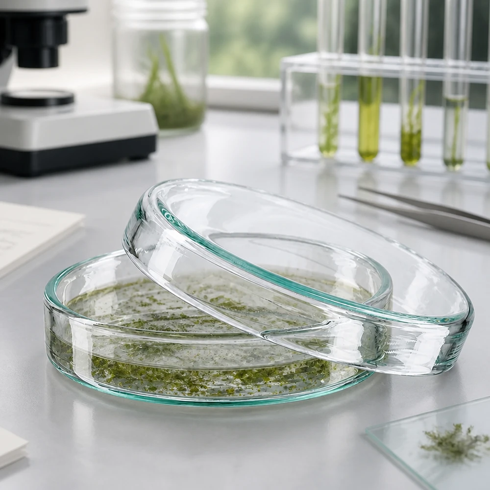 Glazen petrischaal 60 x 15 mm met plantenweefsel in voedingsoplossing voor microbiologische experimenten