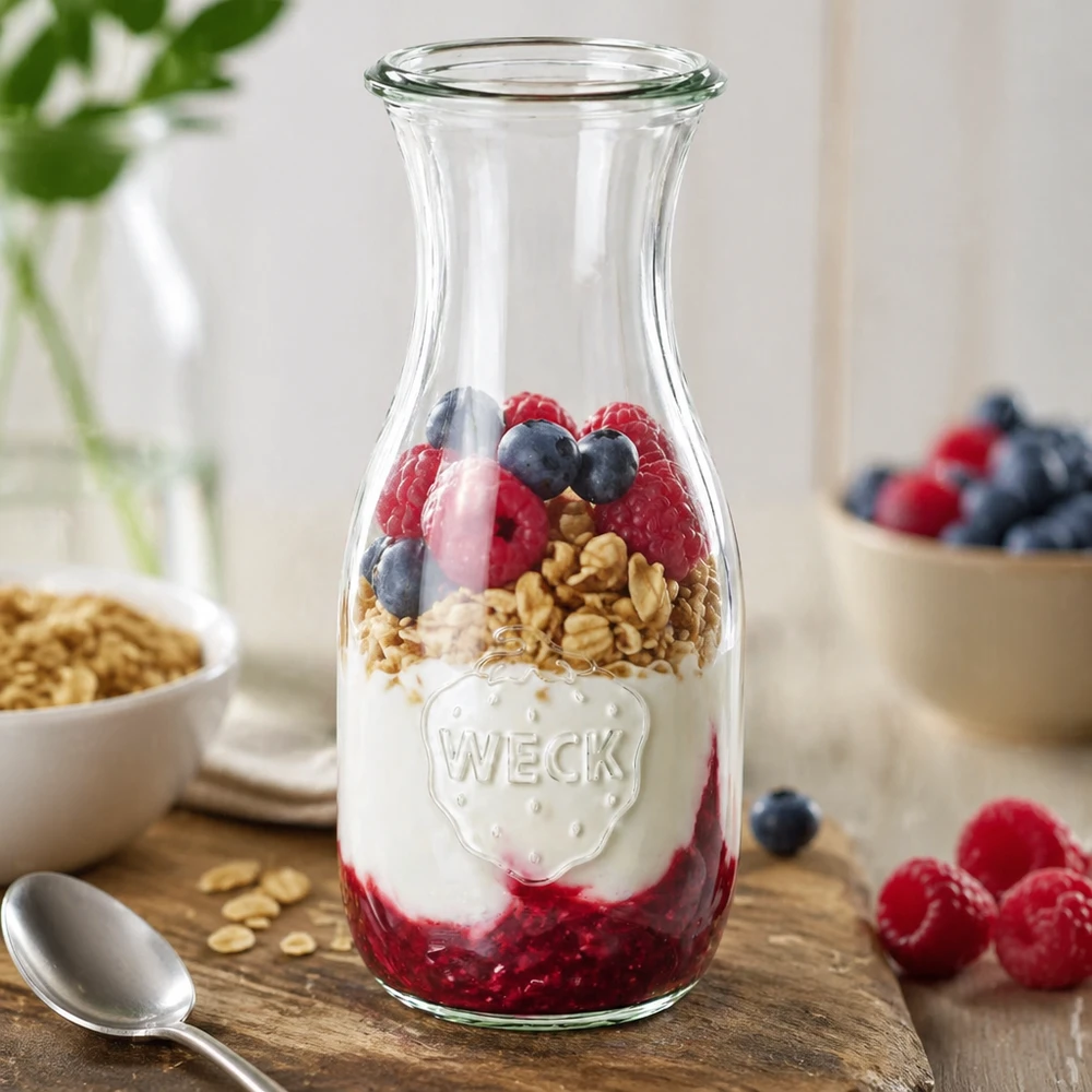 WECK RR60 sapfles van 530 ml WECK sapfles 530ml RR60 als granenkom gevuld met yoghurt bessen en granola naast vers fruit