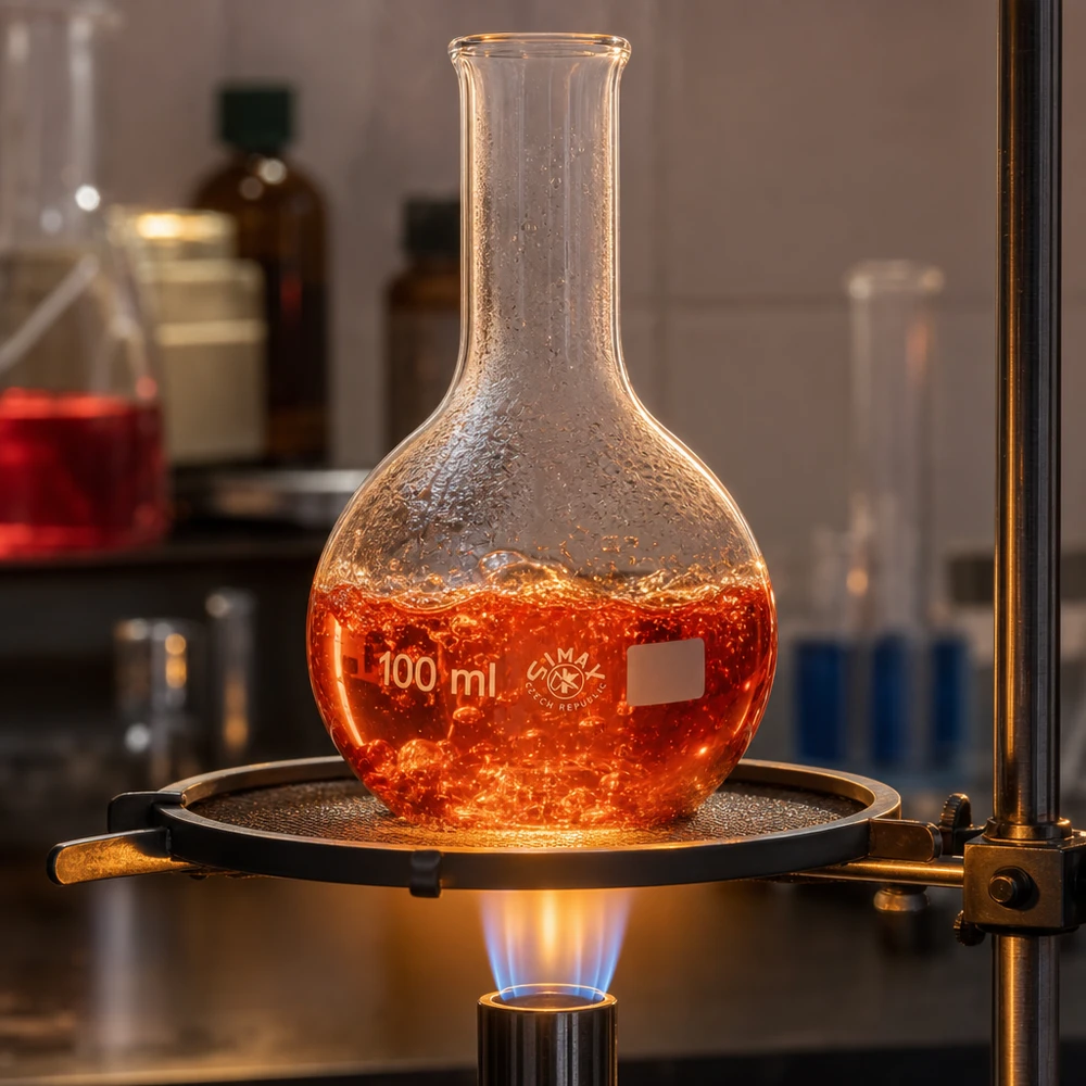 Platbodem kolf 100ml nauwe hals borosilicaat met afgeronde rand Staande kolf 100 ml met smalle hals van transparant glas met borrelende reactieoplossing op verwarmingsplaat