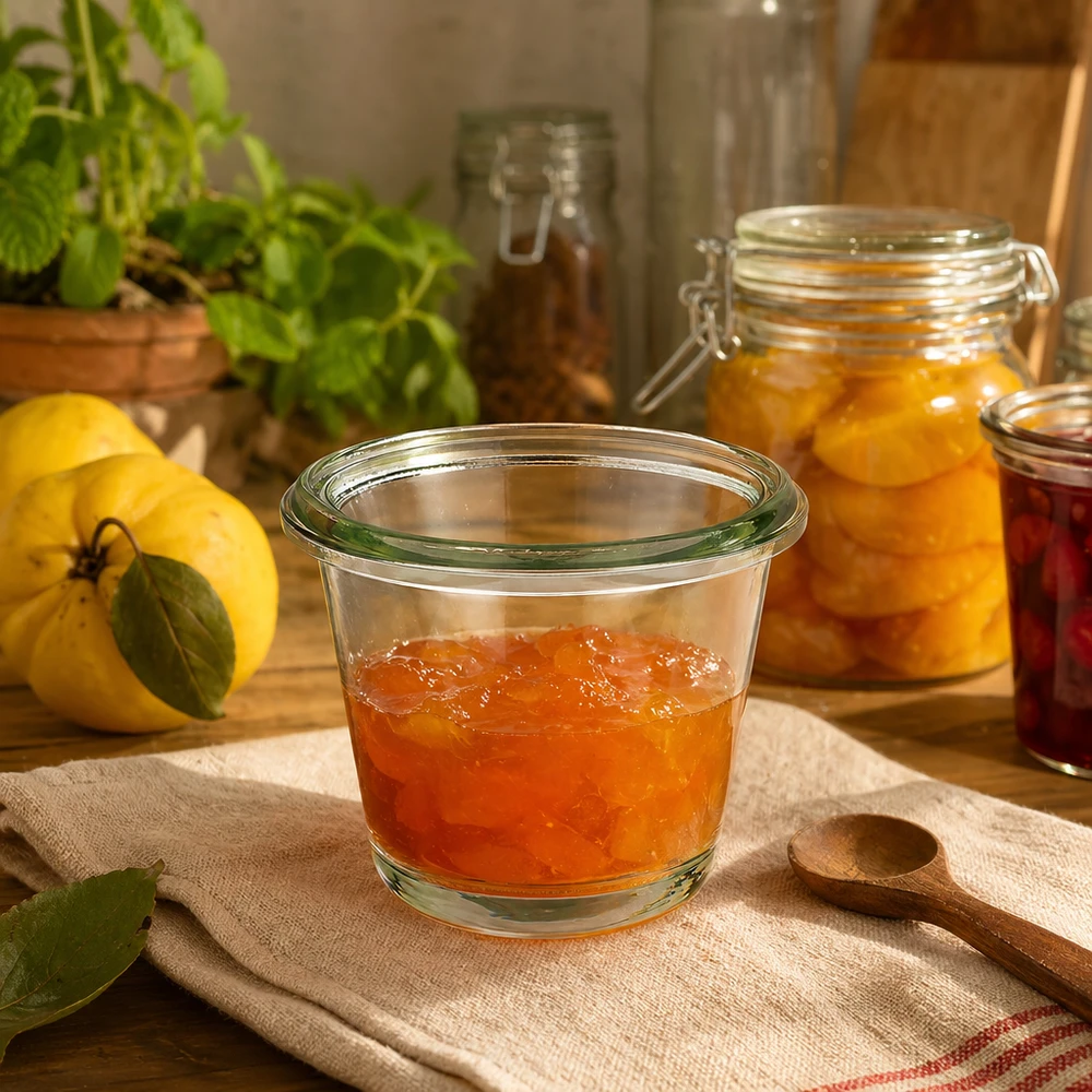 80ml gourmetglas WECK RR60 80ml WECK gourmetpot RR60 gevuld met jam in een rustieke keuken naast verse citroenen en andere inmaakpotten