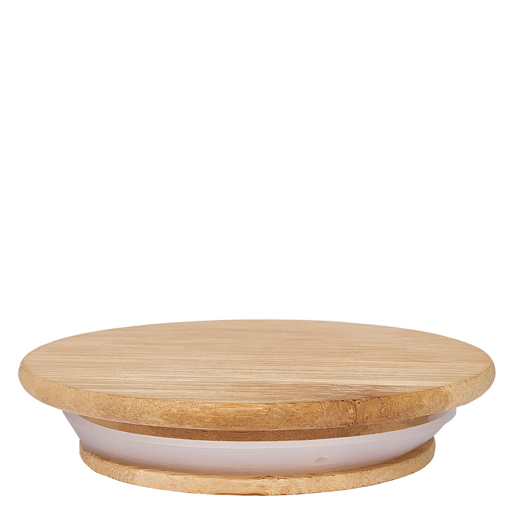 WECK houten deksel RR80 zijaanzicht toont natuurlijke houtnerf en witte siliconen afdichtring voor luchtdichte afsluiting.