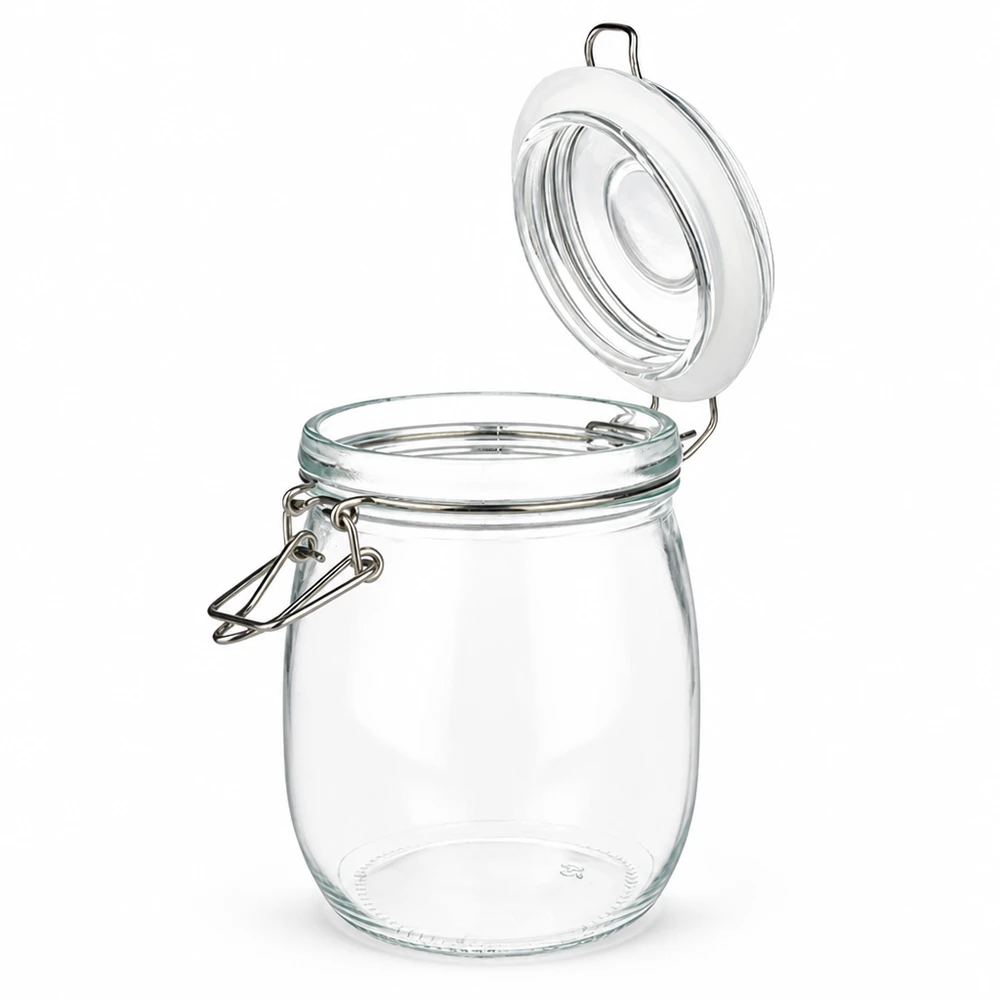 750 ml voorraadpot type S met scharnierende top UN. Transparante voorraadpot 750 ml met metalen handvat en rubberen afdichting voor veilig bewaren