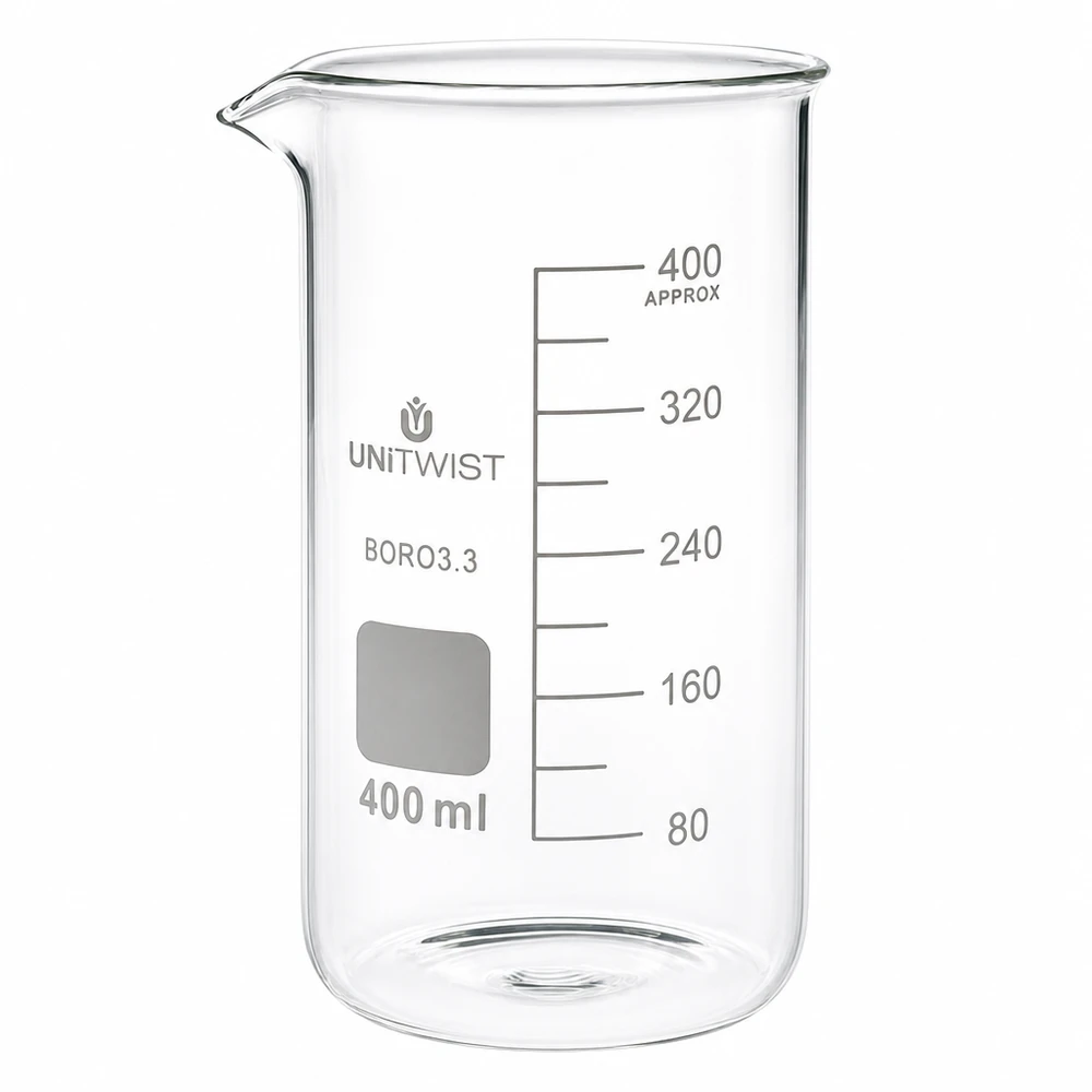 Beker 400ml borosilicaat, hoge vorm UNITWIST Chemiebeker 400 ml, borosilicaatglas, hoge vorm, met schrijfveld en schenktuit UNITWIST