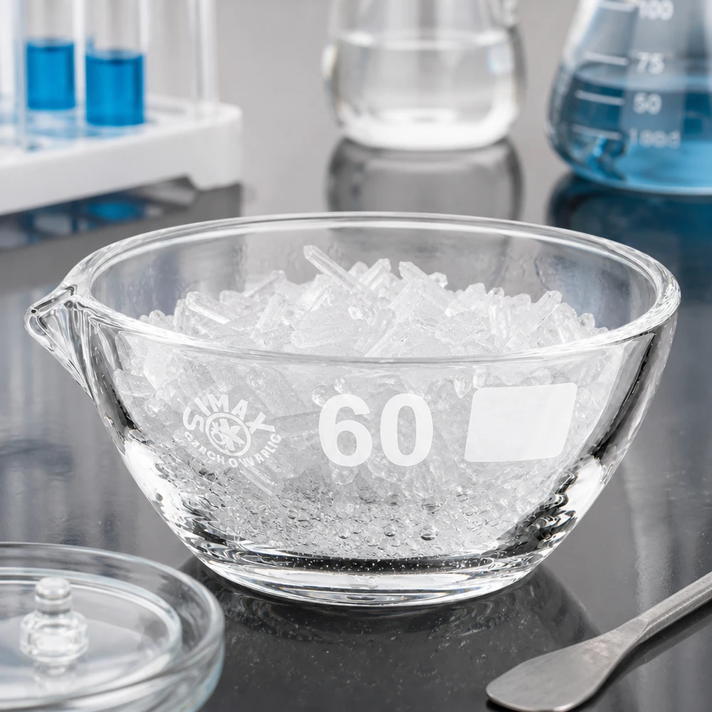 Indampschaal 45ml van borosilicaatglas met schenktuit Professioneel borosilicaat verdampingsschaaltje 45ml met ergonomische tuit ø60mm