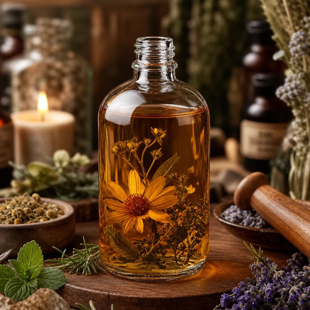 Helder glazen fles 100ml Apothekersfles ApoGlas 100ml met amberkleurige inhoud en gedroogde kruiden voor natuurgeneeskunde