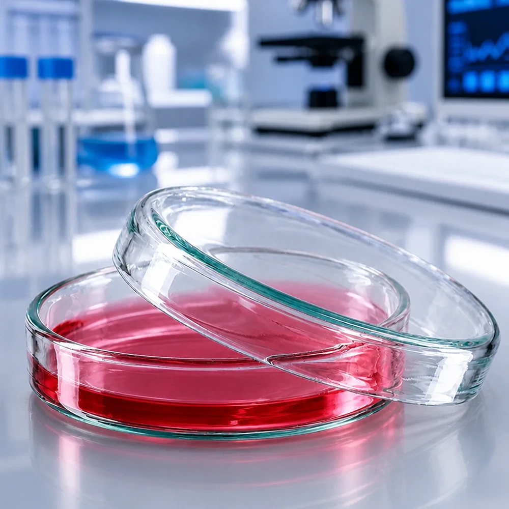 Petrischaal van laboratoriumglas, 60 x 15 mm, met vloeibaar rood medium en een microscoop op de achtergrond