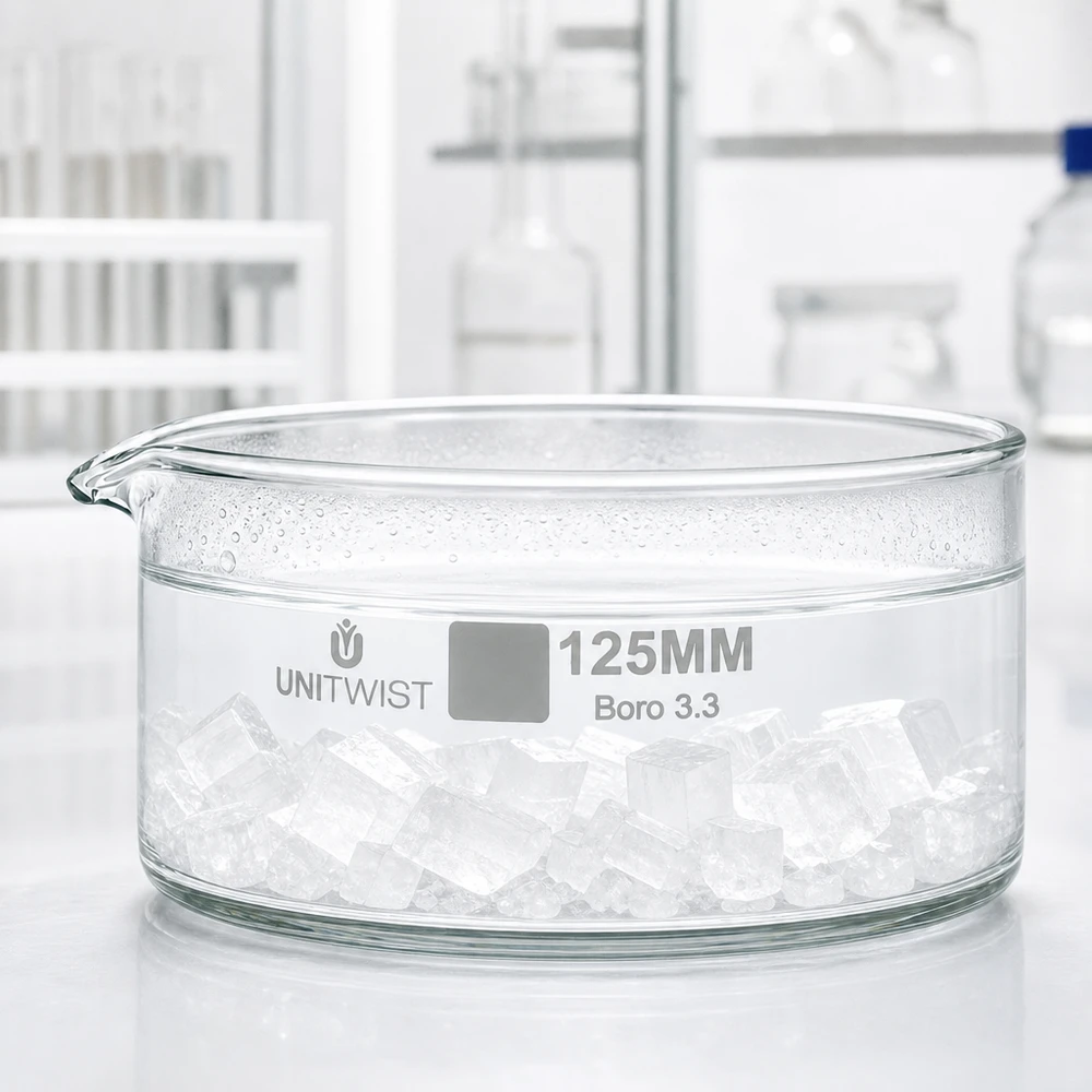 Doorzichtige laboratoriumschaal van 125 mm, borosilicaatglas Boro 3.3, voor verdamping en kristallisatie