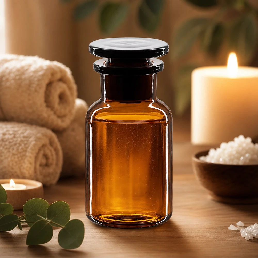 Apothekersfles 100 ml wijde hals bruin glas incl. glazen stop Klassieke apothekersfles van bruin glas, 100 ml, brede hals met stop, spa & wellness