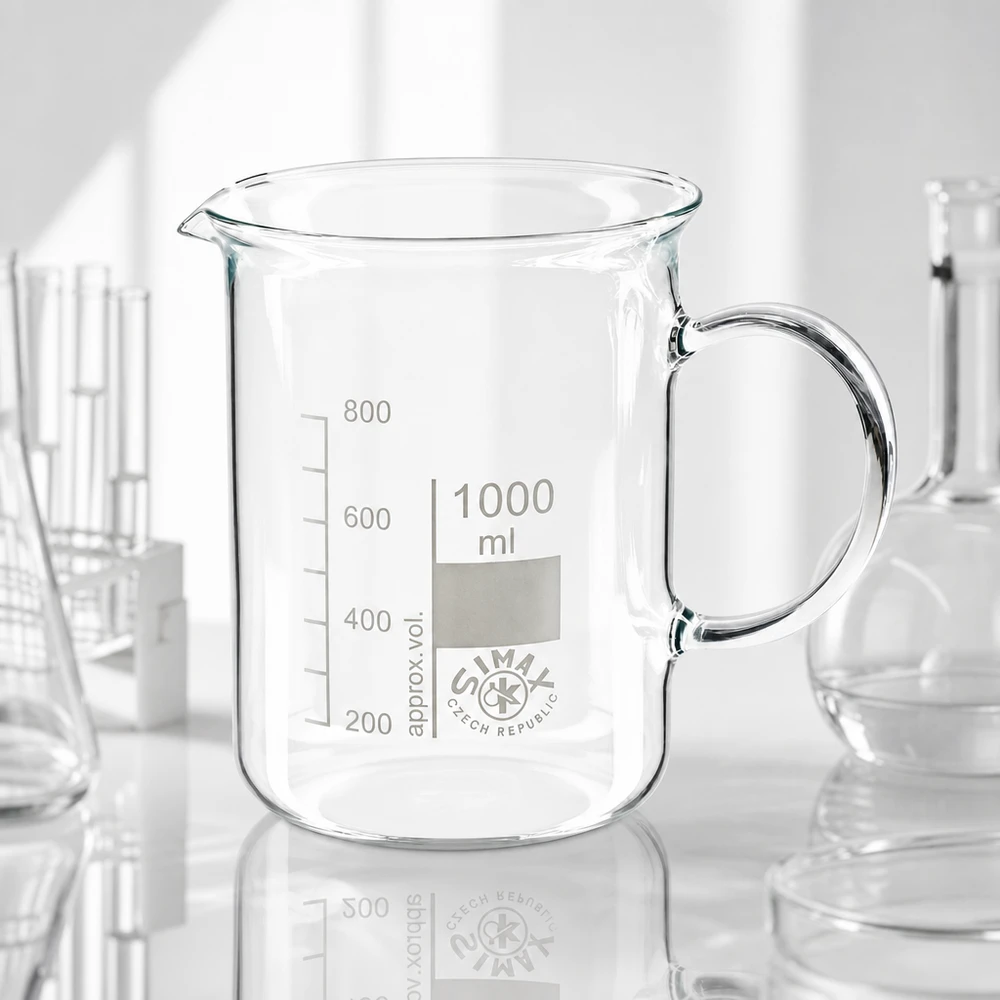 Bekerglas 1000 ml van hittebestendig borosilicaatglas met handvat Hittebestendige glazen beker van 1000 ml met handvat voor laboratorium, keuken en huishoudelijk gebruik