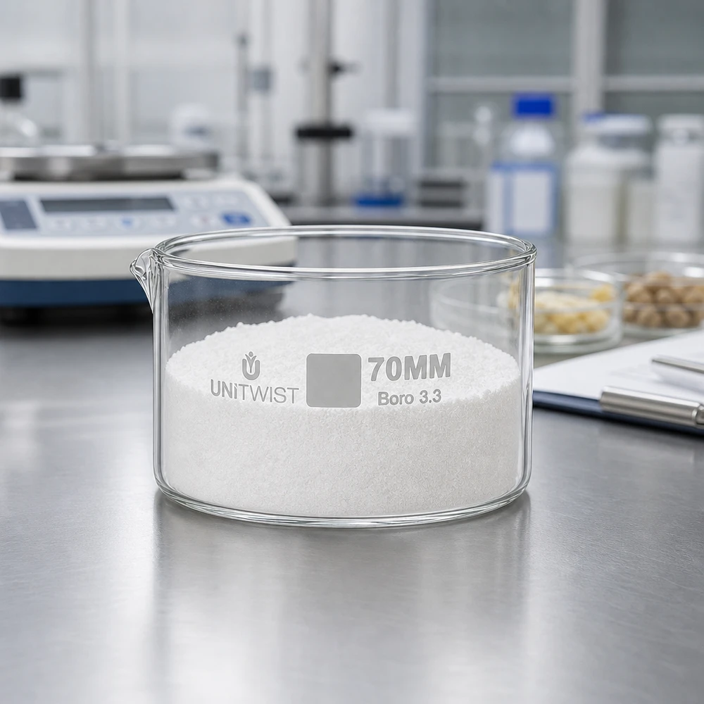 Kristalliseer schaal ø70mm borosilicaatglas UNiTWIST Kristallisatieschaal Boro 3.3 UNiTWIST ø70 mm met fijn wit granulaat en een analyseweegschaal op de achtergrond