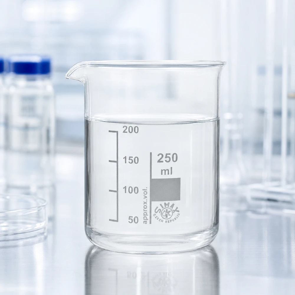 Bekerglas 250 ml van hittebestendig borosilicaatglas (laag model) Transparant bekerglas van 250 ml gemaakt van robuust borosilicaatglas voor nauwkeurige metingen in het laboratorium en de keuken