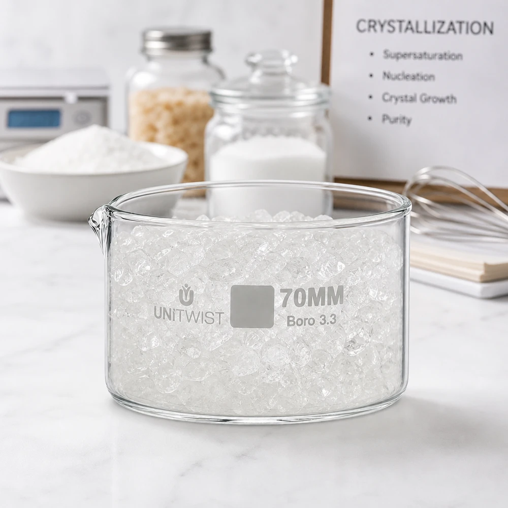 Kristalliseer schaal ø70mm borosilicaatglas UNiTWIST Doorzichtige kristallisatieschaal 70 mm UNiTWIST Boro 3.3 met grofkorrelige witte kristallen