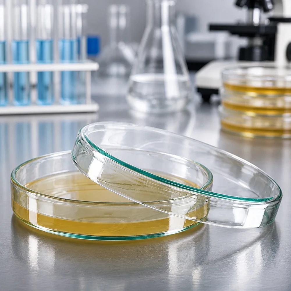 Stapelbare petrischalen van 100 x 20 mm glas in het microbiologisch laboratorium met microscoop