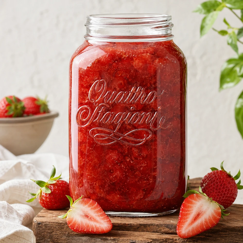 3800ml huishoudglas "Quattro Stagioni" Quattro Stagioni huishoudpot 3800ml gevuld met rode aardbeienjam, omringd door verse aardbeien op een houten plank
