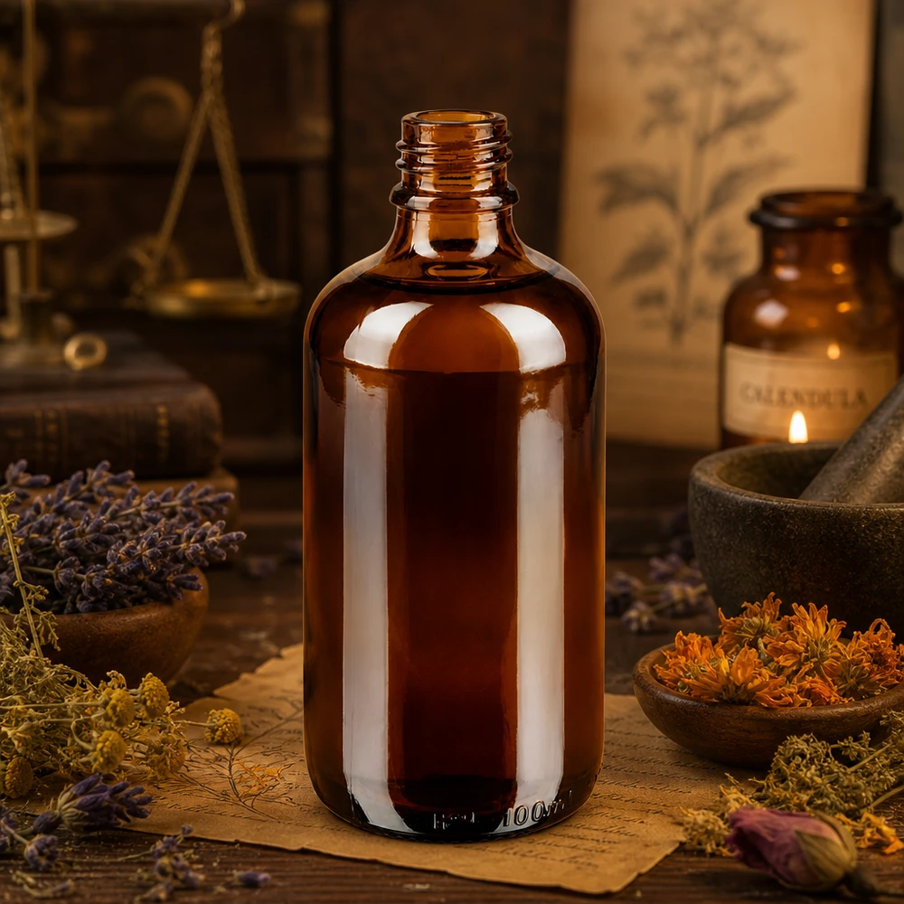 100ml bruine Apothekersfles ApoGlas 100ml bruine apothekersfles ApoGlas met gedroogde geneeskrachtige kruiden en vijzel in traditionele kruidenapotheek