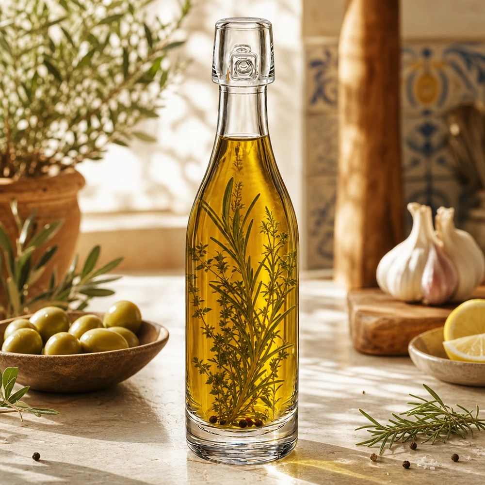 50 ml glazen fles zonder UNiTWIST mechanische sluiting 50ml glazen fles UNiTWIST gevuld met olijfolie en kruiden Mediterrane keuken Olijven Knoflook Rozemarijn Decoratie
