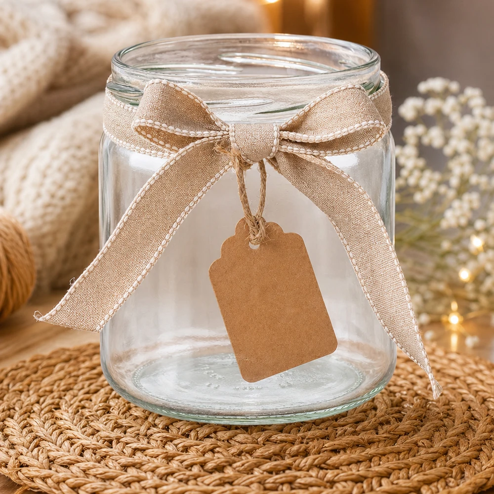 408ml rond glas zonder deksel (TO82) UNiTWIST UNiTWIST Runda408 rond glas 408ml TO82 decoratief met lint en label als geschenkverpakking op een rieten mat