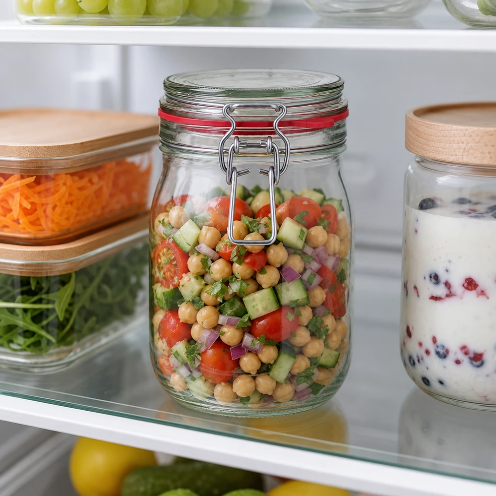1140 ml voorraadpot type G met beugelsluiting UN.. Glazen voorraadpot 1140ml met draaidop voor salades en maaltijdvoorbereiding in de koelkast