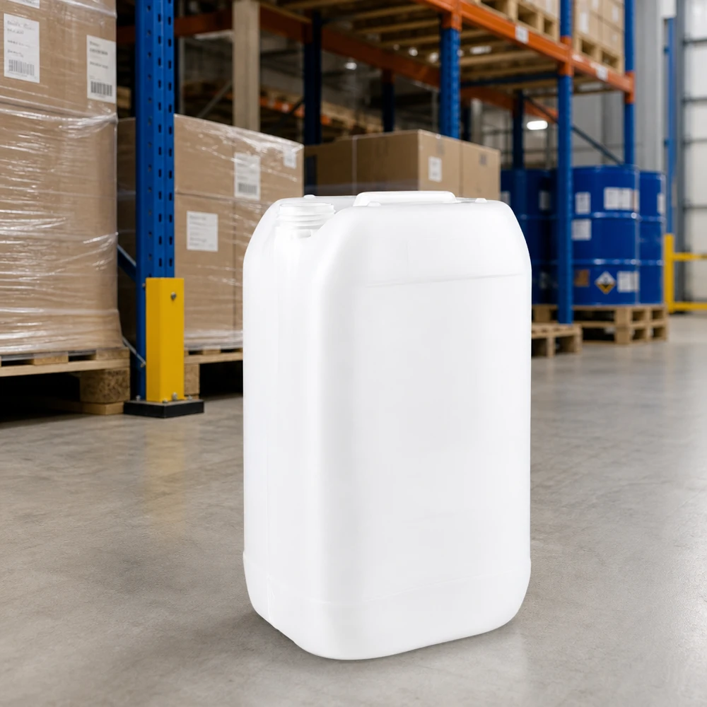 Rechthoekige witte jerrycan van 15 liter zonder sluiting, bestemd voor de opslag van chemische vloeistoffen