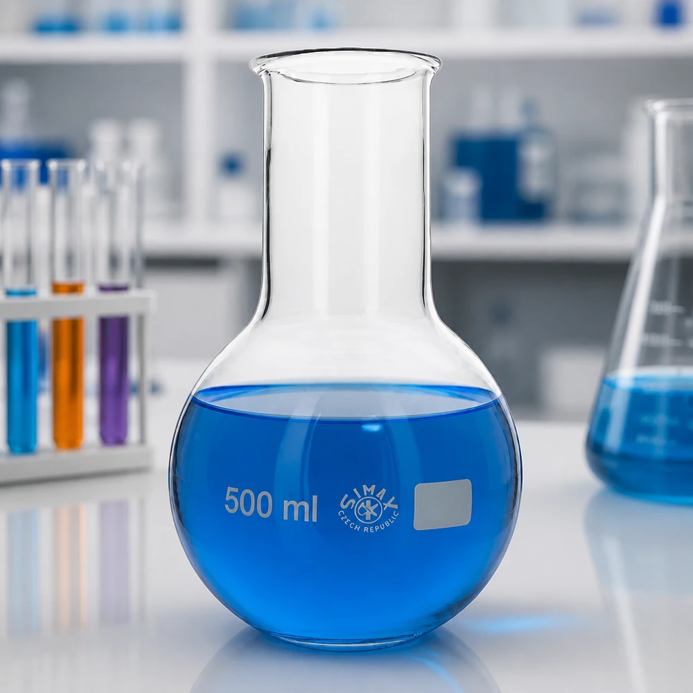 Platbodem kolf 500ml wijde hals borosilicaat met afgeronde rand Rondbodemkolf met wijde hals 500ml met ergonomische vorm voor professioneel laboratoriumwerk