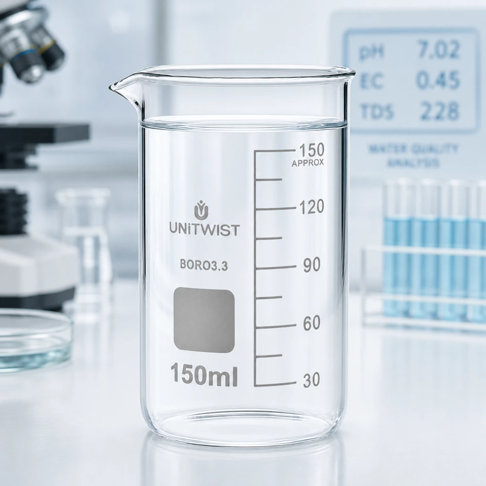 Beker 150ml borosilicaat, hoge vorm UNITWIST Transparant laboratoriumglas UNITWIST 150 ml, hoog model met schaalverdeling van 30 tot 150 ml, borosilicaatglas