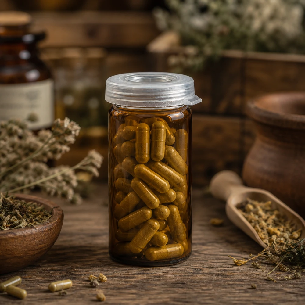 Glas met gerolde rand, 5 ml, helder, voor voedingssupplementencapsules, met hersluitbaar klikdeksel