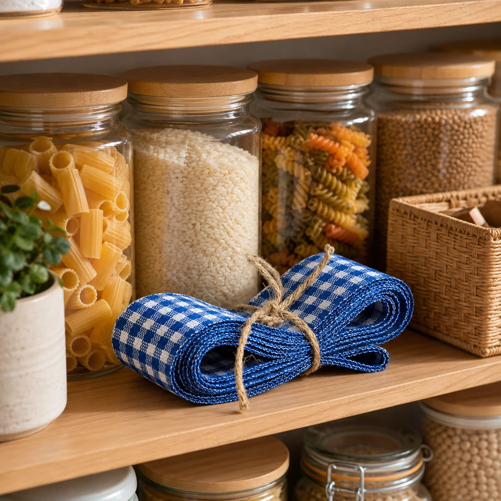 Blauw-wit geblokte stoffen band 300cm op houten plank tussen voorraadpotten met pasta en rijst in bijkeuken