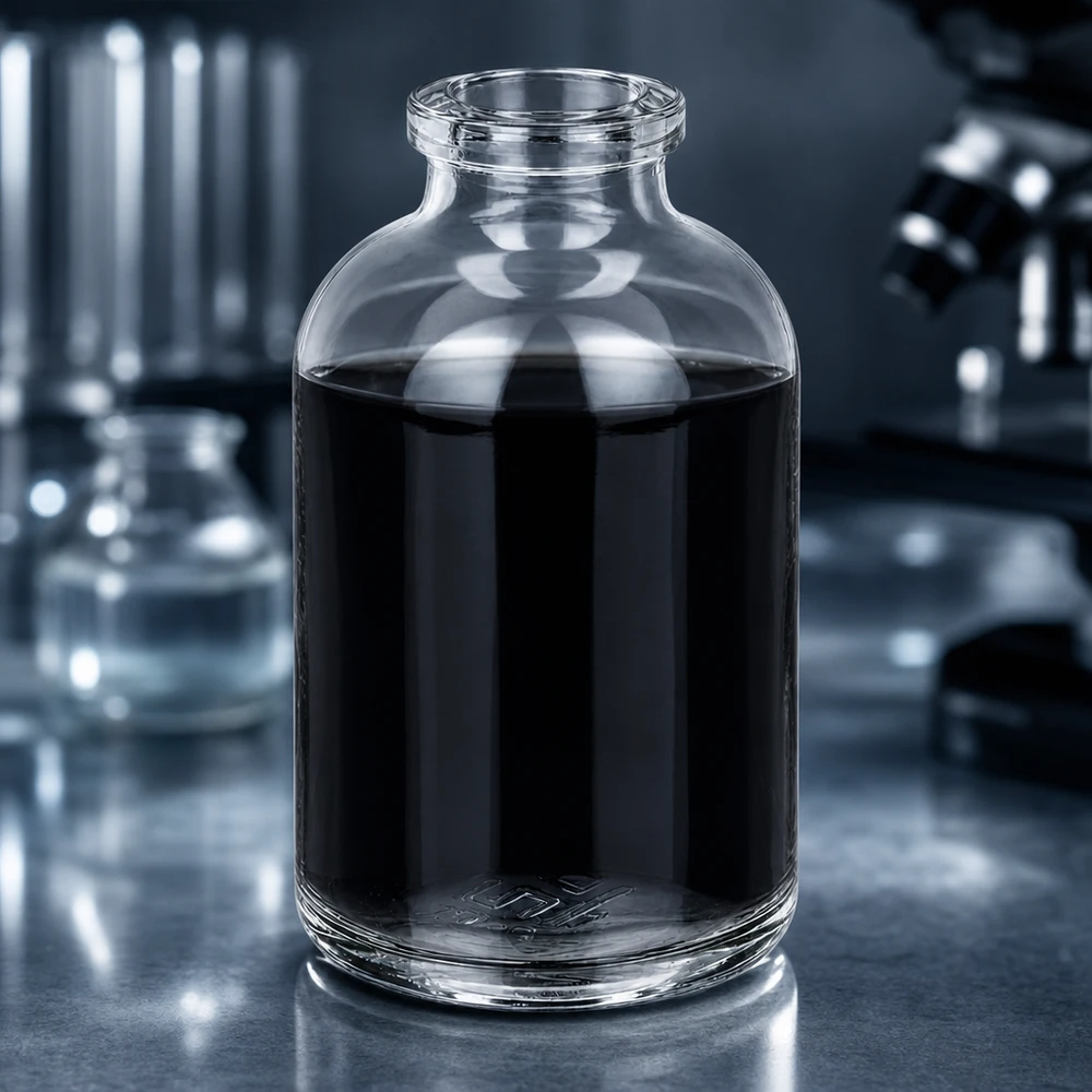 Injectiefles helder glas 50ml Hochwertige Klarglas Injektionsflasche 50ml mit schwarzem Reagenz im wissenschaftlichen Labor