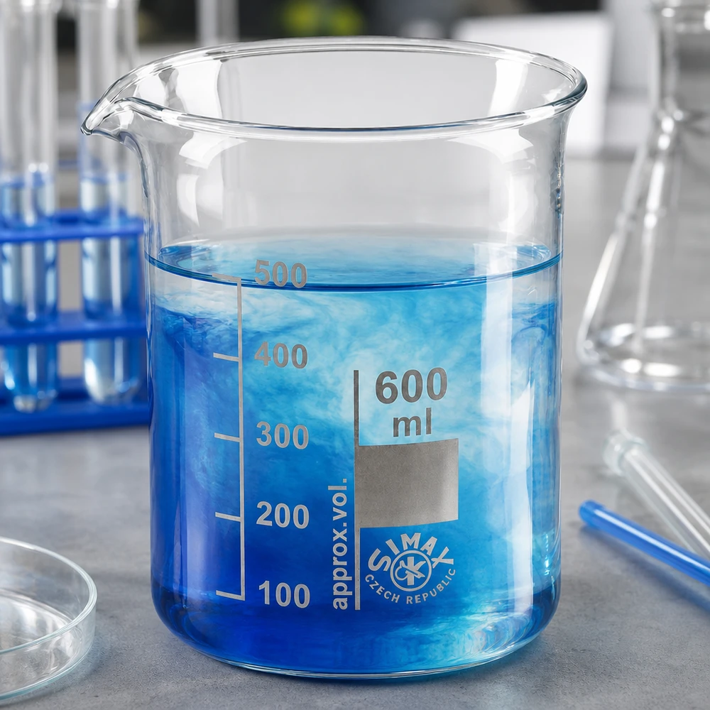 Bekerglas 600 ml van hittebestendig borosilicaatglas (laag model) Hittebestendig bekerglas 600 ml met lage vorm gemaakt van robuust borosilicaatglas voor laboratoriumtoepassingen