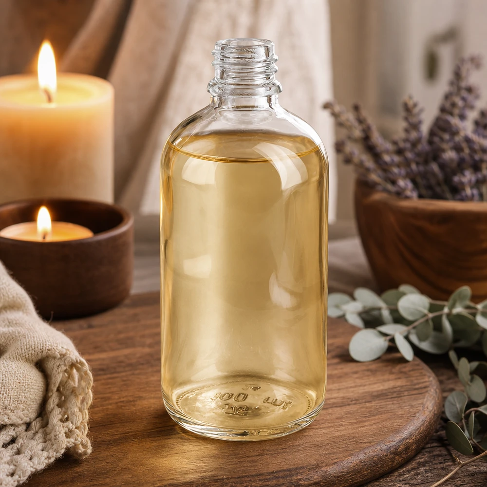 100ml apothekersfles ClearLine DIN18 UNiTWIST Doorzichtige glazen fles van 100 ml, ClearLine DIN18, met lichte olie op een houten plank naast lavendel en kaarsen