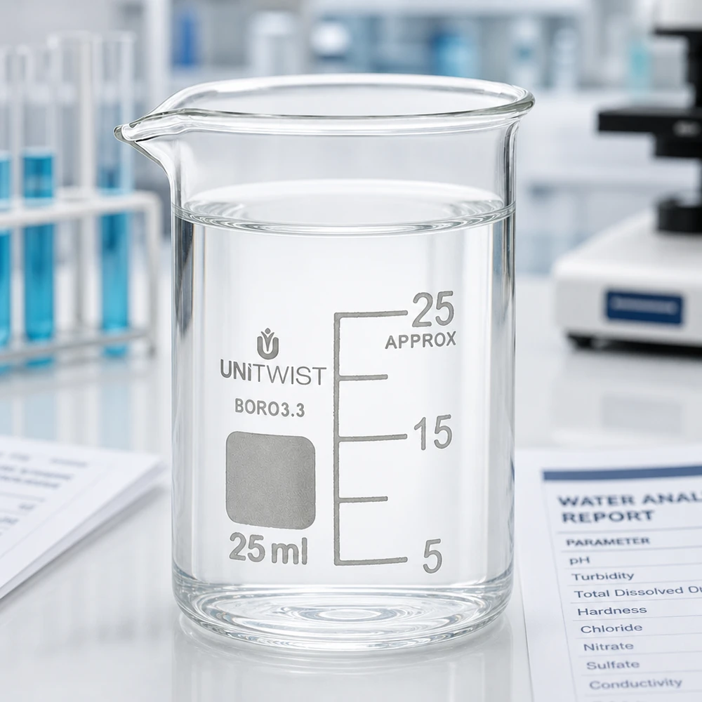 Beker 25ml borosilicaat, lage vorm UNiTWIST Becherglas 25 ml, laag model, borosilicaatglas, voor wateranalyse: pH, troebelheid, hardheid, nitraat, sulfaat