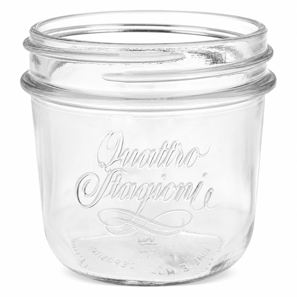 200 ml "Quattro Stagioni" juwelenglas 200 ml Quattro Stagioni inmaakpot van helder glas met reliëflogo zonder deksel voor inmaken en bewaren