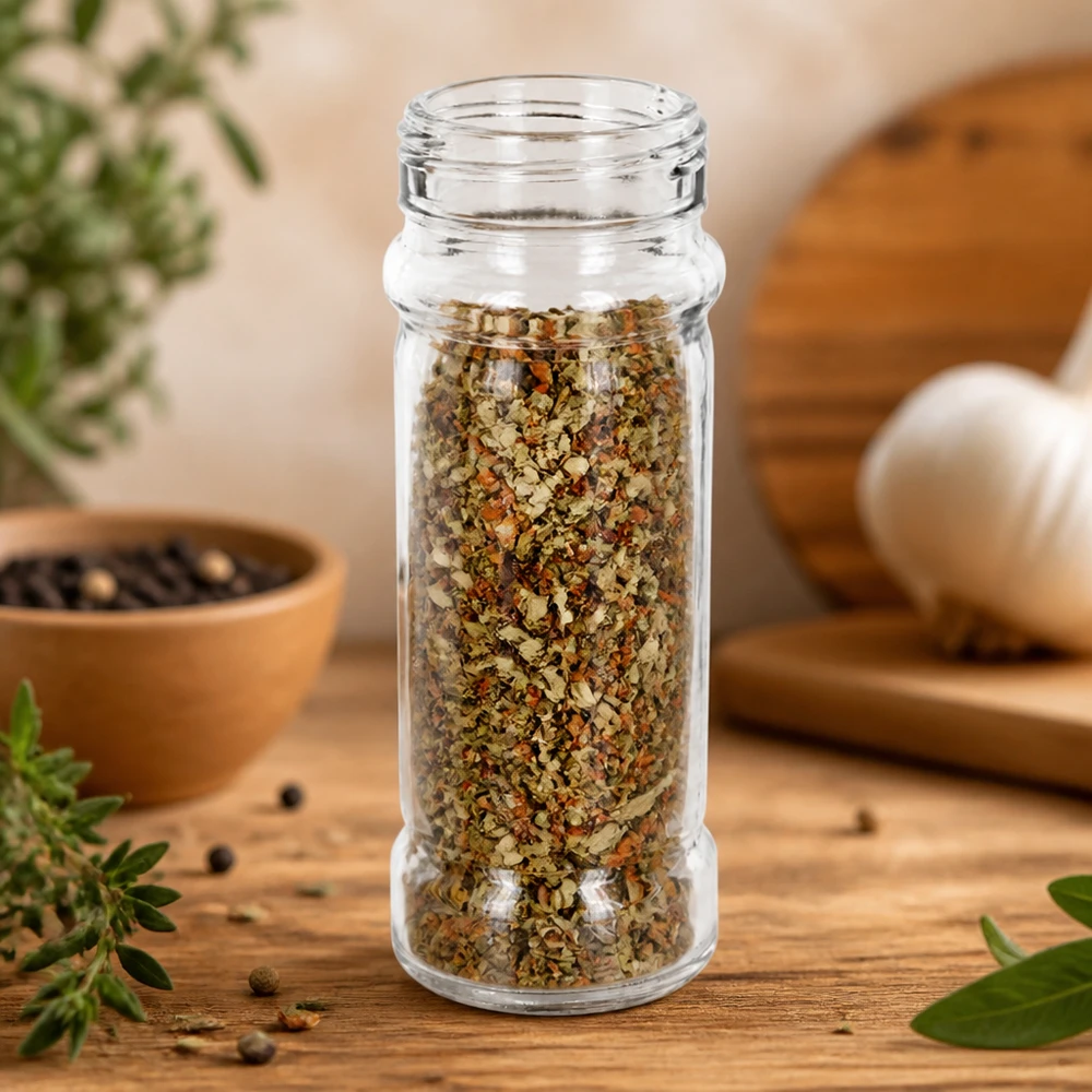 Specerijenglas, cilindervorm 100 ml met 41 mm schroefdraad, helder glas, zonder sluiting Cilindrisch helder glas ‘Mary’ met een inhoud van 100 ml en een brede schroefdraad van 41 mm voor zout en kruiden