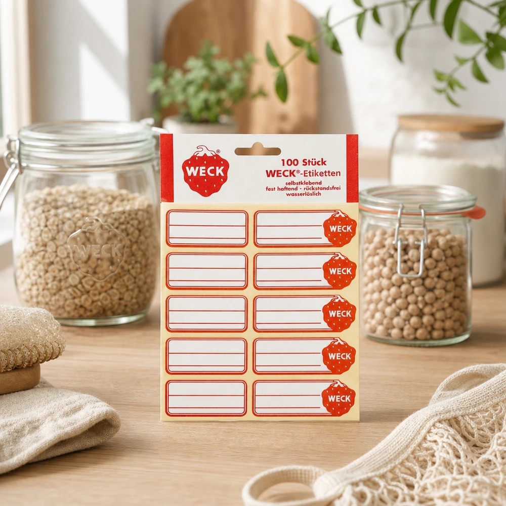 WECK-etiketten 19 x 13 mm (verpakking(en) van 100 stuks) WECK etiketten Productverpakking met 100 zelfklevende stickers naast voorraadpotten met granen