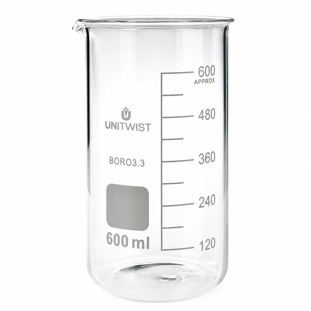 Beker 600ml borosilicaat, hoge vorm UNITWIST Doorzichtig bekerglas 600 ml, borosilicaat, hoge vorm met wit opschriftveld en schaalverdeling UNITWIST