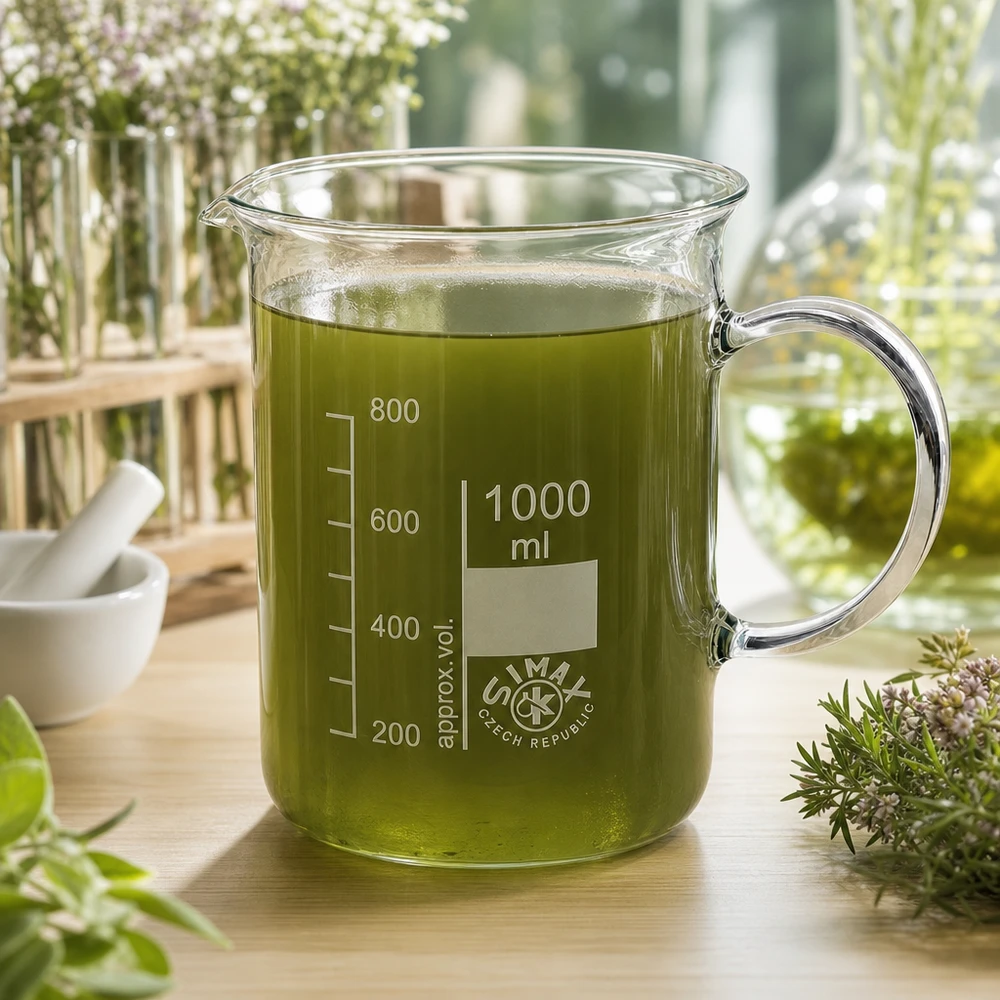 Bekerglas 1000 ml van hittebestendig borosilicaatglas met handvat Becherglas met schenktuit en handvat, inhoud 1000 ml, geschikt voor kruidentincturen