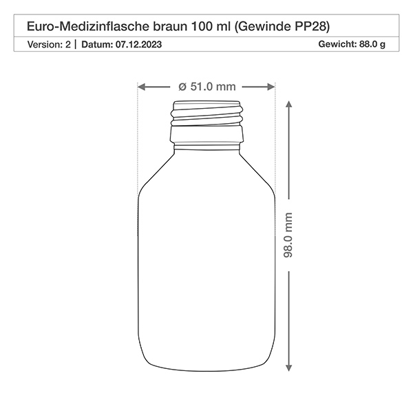 100ml amberkleurig glazen flesje in ronde vorm met PP28 schroefdraad voor het veilig bewaren van medicijnen
