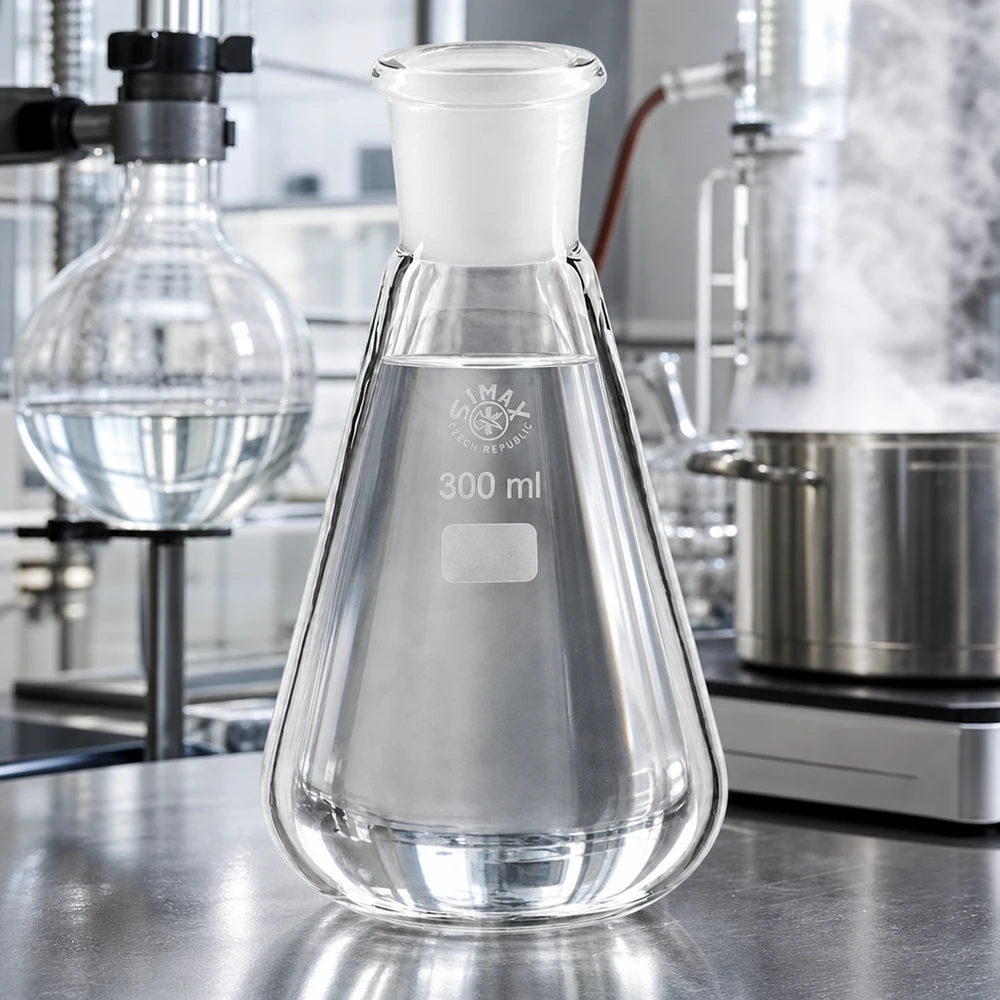 Erlenmeyer 300ml nauwe hals borosilicaat met slijpstuk 29/32 Erlenmeyer 300 ml met mat etiketveld en standaard geslepen verbinding 29/32 voor het etiketteren van monsters