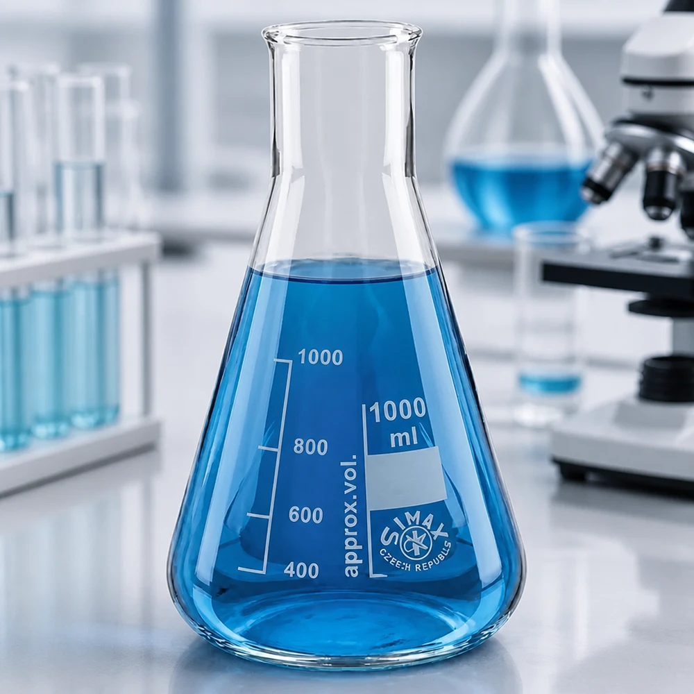 Compacte erlenmeyer met een brede hals van 100 ml, ideaal voor kleine monsterhoeveelheden in het schoollaboratorium