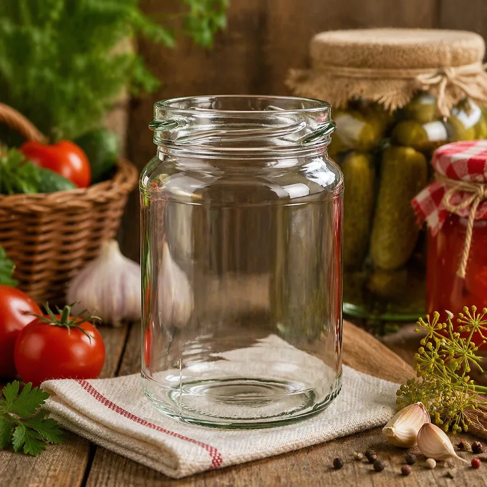 205ml rond glas zonder deksel (TO58) UNiTWIST UNiTWIST Runda205 ronde pot 205ml TO58 inmaakpot leeg op keukentafel met groenten en kruiden op de achtergrond