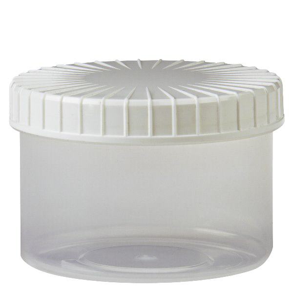 Kunststof pot 250ml transparant met geribbeld wit schroefdeksel van PE, type sluiting standaard Kunststof pot 250ml transparant met geribbeld wit schroefdeksel van PE, type sluiting standaard