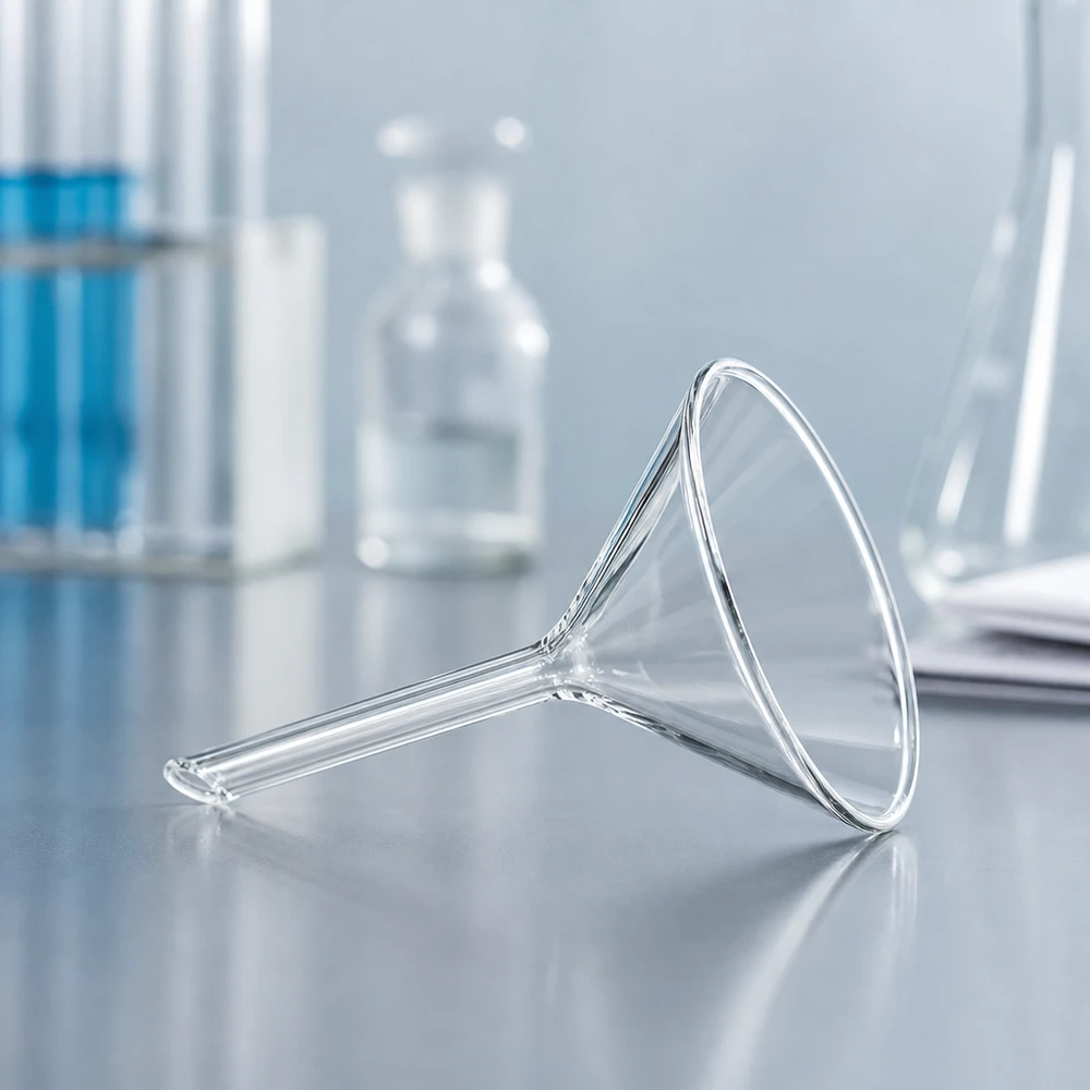 Glazen trechter Ø 60mm - kalk-soda-glas - 60° hoek Transparante laboratoriumtrechter van robuust natronkalkglas met een compact ontwerp voor eenvoudig hanteren