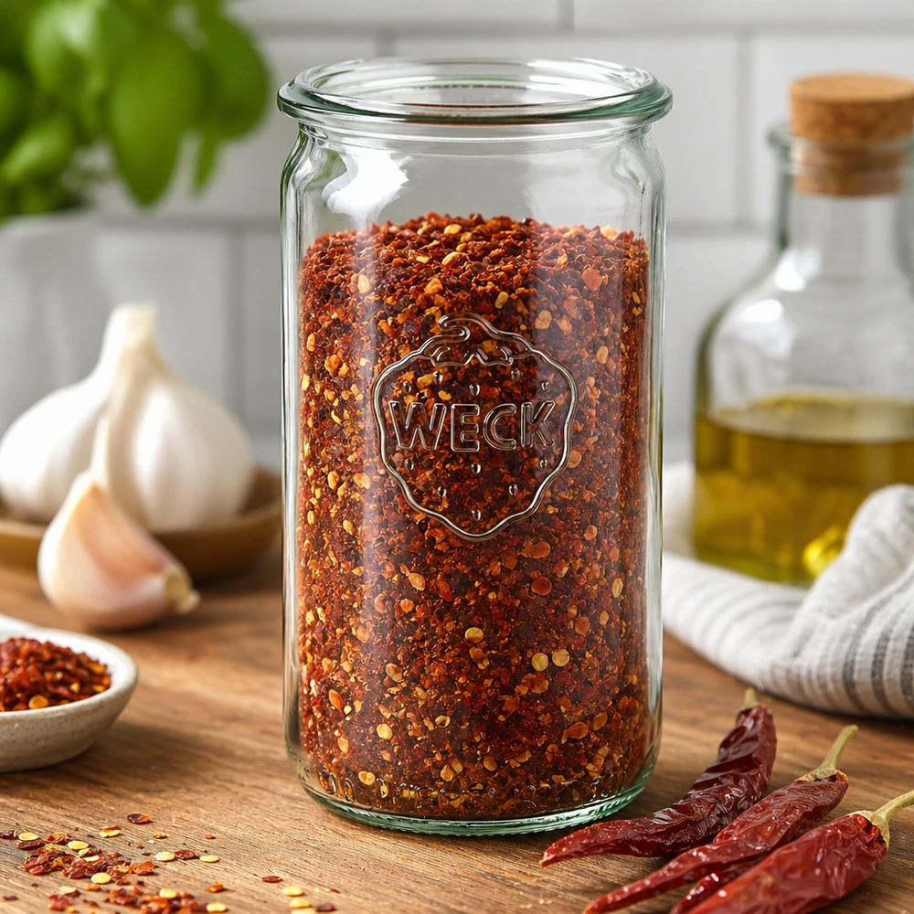 WECK RR60 glazen cilinderpot van 340 ml WECK cilinderpot 340ml RR60 gevuld met chilivlokken op een houten tafel met knoflook en gedroogde chilipepers