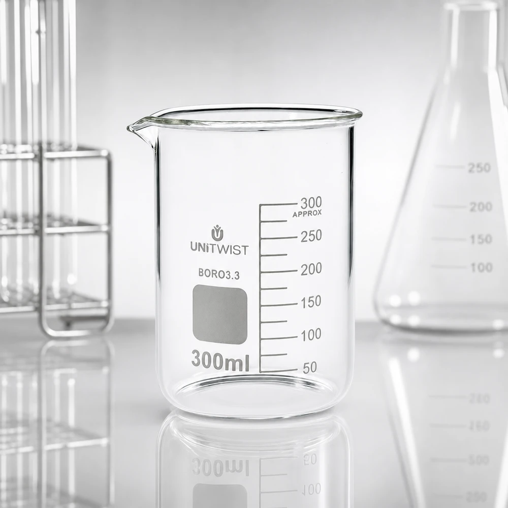 Professioneel bekerglas van 300 ml, laag model, van helder glas en met schenktuit, voor gebruik in het laboratorium