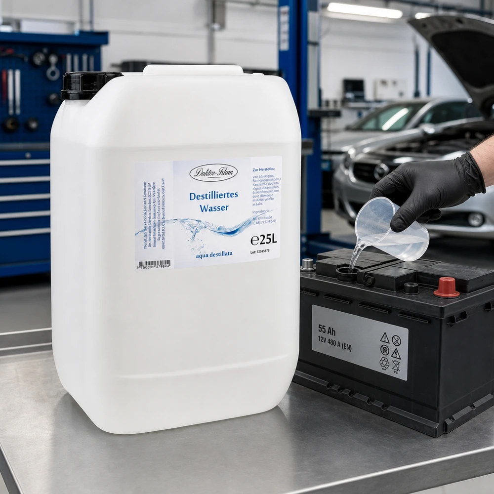 25 liter gedestilleerd water - Aqua dest in blanke premium jerrycan van Doktor Klaus Doktor-Klaus 25 liter gedestilleerd water wordt gebruikt in autowerkplaatsen voor accuverzorging en voertuigonderhoud